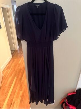 Express Navy V-Neck Flutter Sleeve Midi Dress